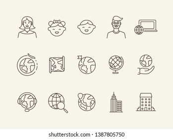 Countries line icon set. Adult, children, map, globe. Travel concept. Can be used for topics like population, trip, family