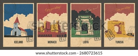Countries Main Attractions Postcard Set. Iceland Vík í Mýrdal Church, The Prince’s palace of Monaco, Libya Leptis Magna Ancient Ruins, Tunisia Ammaedara Arch Ruin. Aged Paper Texture