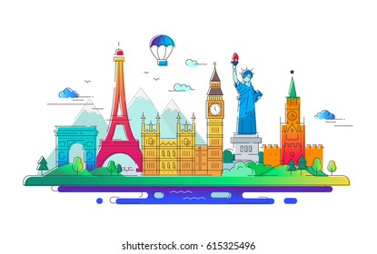 Countries - modern vector line travel illustration. Discover Russia, England, USA, France. Have a trip, enjoy your vacation. Be on a journey. See landmarks like stature of liberty, kremlin, tower