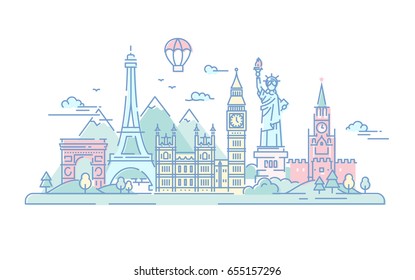 Countries - modern vector line travel illustration. Discover Russia, England, USA, France. World famous landmarks - statue of liberty, kremlin, tower of london