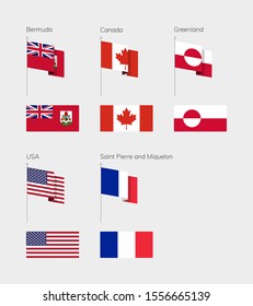 Countries of Northern America according to the UN classification. Set of flags. Bermuda, Canada, Greenland, Saint Pierre and Miquelon, USA