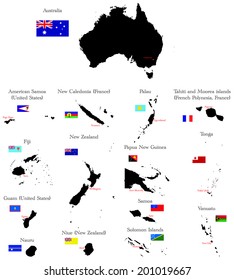 Countries of Oceania and Australia with borders, flags and capitals