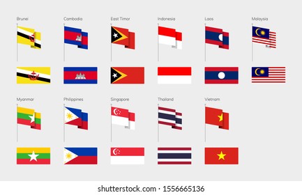 Countries of Southeast Asia according to the UN classification. Set of flags. Brunei, Cambodia, East Timor, Indonesia, Laos, Malaysia, Myanmar, Philippines, Singapore, Thailand, Vietnam