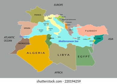 Countries surrounding the Mediterranean Sea. Vector illustration