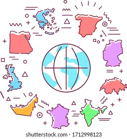 Countries web banner. Different world countries from all continents. Infographics with linear icons on white background. Creative idea concept. Isolated outline color illustration