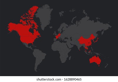 Countries where Coronavirus virus spreads in Wuhan, China.  Countries where the Coronavirus epidemic has spread and locations in China. Countries where the virus highlighted in red is spread.