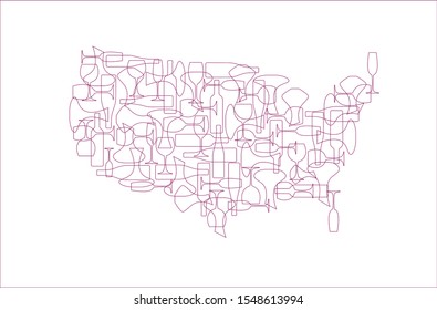 Countries winemakers - stylized maps from silhouettes of wine bottles, glasses and decanters. Map of United States.