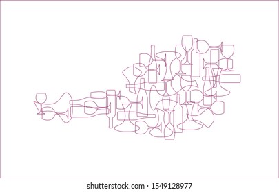 Countries winemakers - stylized maps from silhouettes of wine bottles, glasses and decanters. Map of Austria.