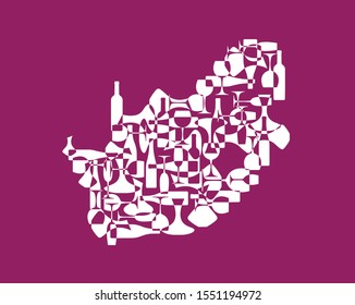 Countries winemakers - stylized maps from silhouettes of wine bottles, glasses and decanters. Map of South Africa.