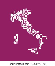 Countries winemakers - stylized maps from silhouettes of wine bottles, glasses and decanters. Map of Italy.