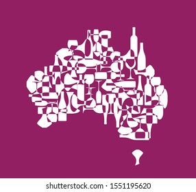 Countries Winemakers - Stylized Maps From Silhouettes Of Wine Bottles, Glasses And Decanters. Map Of Australia.