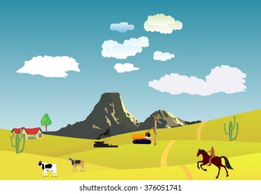Countriside vector illustration. Wild west, oil drilling.