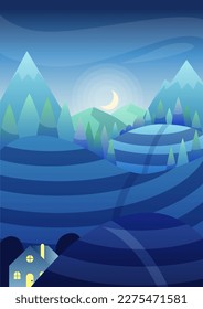 Countrisyde landscape night. Crescent moon falls or rises above horizon. Design element for invitation and greeting card. Change of time of day. Cartoon flat vector illustration