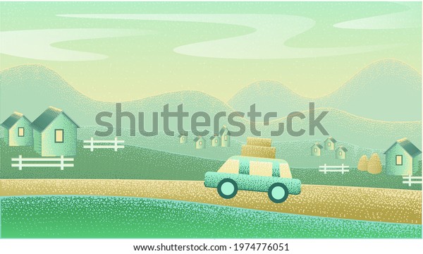 Country area with\
mountains on the background. Sky, hills, houses and car were drawn\
with a scatter brush effect, which looks like dots. Turquoise\
evening in a small\
village.
