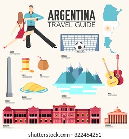 Country Argentina travel vacation guide of goods, places and features. Set of architecture, fashion, people, items or nature background concept. Infographic template design for web and mobile 