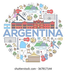 Country Argentina travel vacation guide of goods, places and features. Set of architecture, fashion, people, items or nature background concept. Infographic template design. On thin lines style