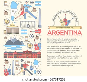 Country Argentina travel vacation guide of goods, places and features. Set of architecture, fashion, people, items or nature background concept. Infographic template design. On thin lines style