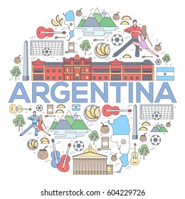 Country Argentina travel vacation guide of goods, places and features. Set of architecture, fashion, people, items or nature background concept. Infographic template design