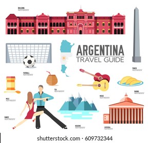 Country Argentina travel vacation guide of goods, places and features. Set of architecture, fashion, people, items or nature background concept. Infographic template design for web and mobile