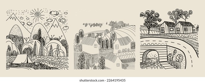 Country arm village landscape black  and white hand drawing vector illustration. Line art, engraving, drawing, monochrome vintage design for card,banner, postcard,cover, poster, illustration.
