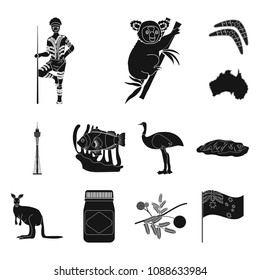 Country Australia black icons in set collection for design.Travel and attractions vector symbol stock web illustration.