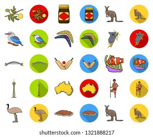 Country Australia cartoon,flat icons in set collection for design.Travel and attractions vector symbol stock web illustration.