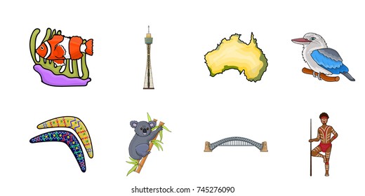 Country Australia icons in set collection for design.Travel and attractions vector symbol stock web illustration.
