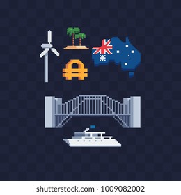 Country Australia. Pixel art icons. Renewable energy. Sydney Bridge. Australian dollar, map. Stickers design. Isolated vector illustration. 