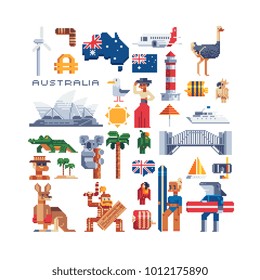 Country Australia. Pixel Art Icons. 80s Style. Australian Landmark, Animals, Map, Flag, Currency. Summertime Beach Vacation Sport. Stickers Design. Isolated Vector Illustration. 