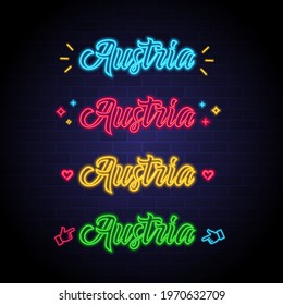 Country Austria Symbol Neon Light Glowing Vector Illustration. Austria Lettering Neon Light