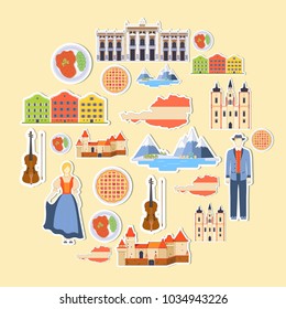 Country Austria travel vacation guide of goods, places and features. Set of architecture, people, culture, icon background concept. Infographics template design for web and mobile. On sticker 