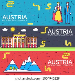 Country Austria travel vacation guide of goods, places and features. Set of architecture, people, culture, icons background concept. Infographics template design for web and mobile. On flat style 