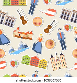 Country Austria travel vacation guide of goods, places and features. Set of architecture, people, culture, icons background concept. Infographics template design