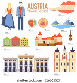 Country Austria travel vacation guide of goods, places and features. Set of architecture, people, culture, icons background concept. Infographics template design for web and mobile. On flat style