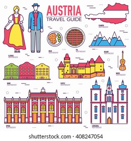 Country Austria travel vacation guide of goods, place and feature. Set of architecture, fashion, people, item, nature background concept. Infographic traditional ethnic flat, outline, thin line icon