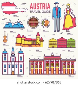 Country Austria travel vacation guide of goods, place and feature. Set of architecture, fashion, people, item, nature background concept. Infographic traditional ethnic flat, outline, thin line icon