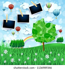 Country background with big tree and photo frames, vector illustration eps10