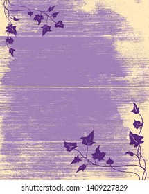 Country background design with wooden purple board texture with beige border grunge and dark purple ivy floral design. Old barn wood vector.