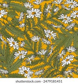 Country background with flowers and leaves. Botanical seamless pattern with blooming plants. Summer vector print for fabric. Chamomiles and leaves are scattered chaotically.