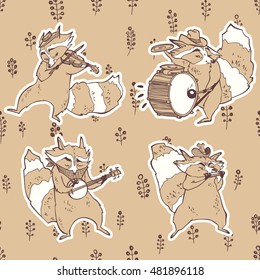Country band. Set of cute raccoons musicians. Cartoon animal characters playing musical instruments. Raccoons playing violin, drum, banjo and harmonic. set of illustration on seamless background