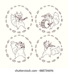 Country band. Set of cute raccoons musicians. Cartoon animal characters playing musical instruments. Raccoons playing violin, drum, banjo and harmonic.