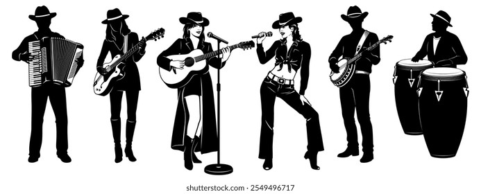 Country Band Silhouettes Set. Two singer women, one with acoustic guitar. Banjo man, electric guitar player, accordionist, percussionist. Microphone with stand is the separate object.