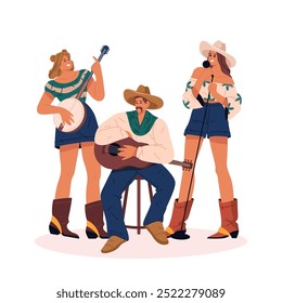 Banda de Country o grupo de folk occidental. Vector trío con guitarrista, músico, vocalista o cantante, intérprete de banjo. Artistas musicales para actuaciones de bluegrass en vivo en el escenario del concierto. Mostrar conjunto. Sonido