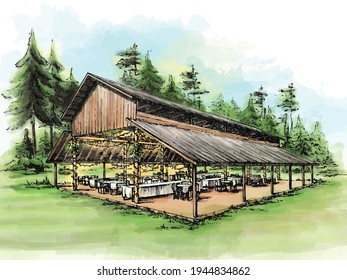 country barn house interior wedding sketch colorful illustration with forest on background 