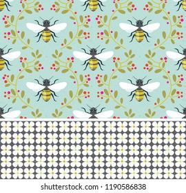 Country Bee Damask and Daisy Seamless Vector Pattern Collection