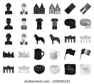 Country Belgium black,monochrome icons in set collection for design.Travel and attractions Belgium vector symbol stock web illustration.