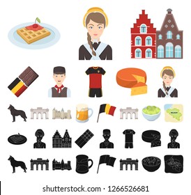 Country Belgium cartoon, black icons in set collection for design.Travel and attractions Belgium vector symbol stock web illustration.