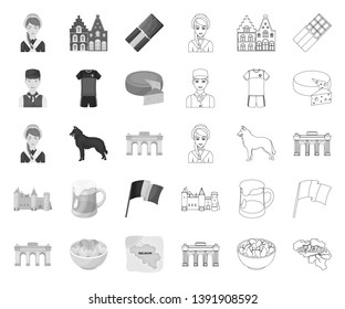 Country Belgium mono,outline icons in set collection for design.Travel and attractions Belgium vector symbol stock web illustration.