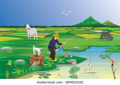 country boy fishing at pond vector design