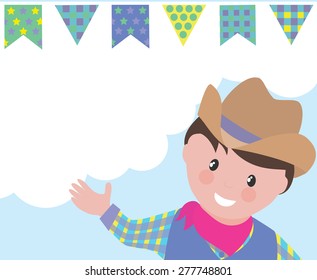 Country boy with hat and background with bunting banners and copy space for message.